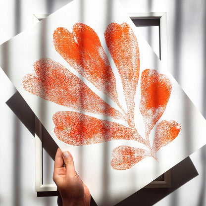 Red trendy monoprint nordic scandinavian abstract heart plant relief handprint large monotype print quiet luxury original artwork one of a kind spring t glamoratti wall art primary bedroom elegant botanical neutral hampton living rustic new home gift printmaking modern unique eclectic mid century modern aesthetic girly acrylic pastel wall hanging nature kitchen dining room preppy dorm laundry entryway home office self handmade housewarming staircase wilderkind romantic engraving etching style
