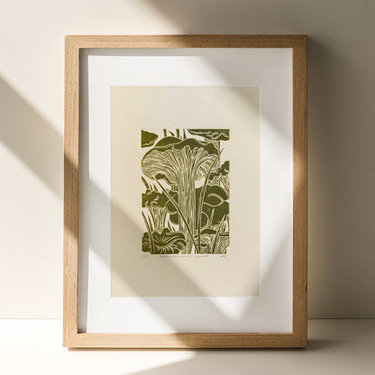 retro cottagecore chanterelle cushroom linocut print sage green color relief monoprint original artwork vintage kitchen pantry decor mother gift ideas whimsical wall art rustic linogravure forestcore lino
 wall hanging, unique wall art, trendy, thank you gift, boss, breakfast nook, teacher appreciation gift, Summer, Spring wall art, herb botanical, english country cottage, pantry wall, european countryside, poetic, slow living, eastern european, sister in law gift, self gift, rustic wall art, retirement