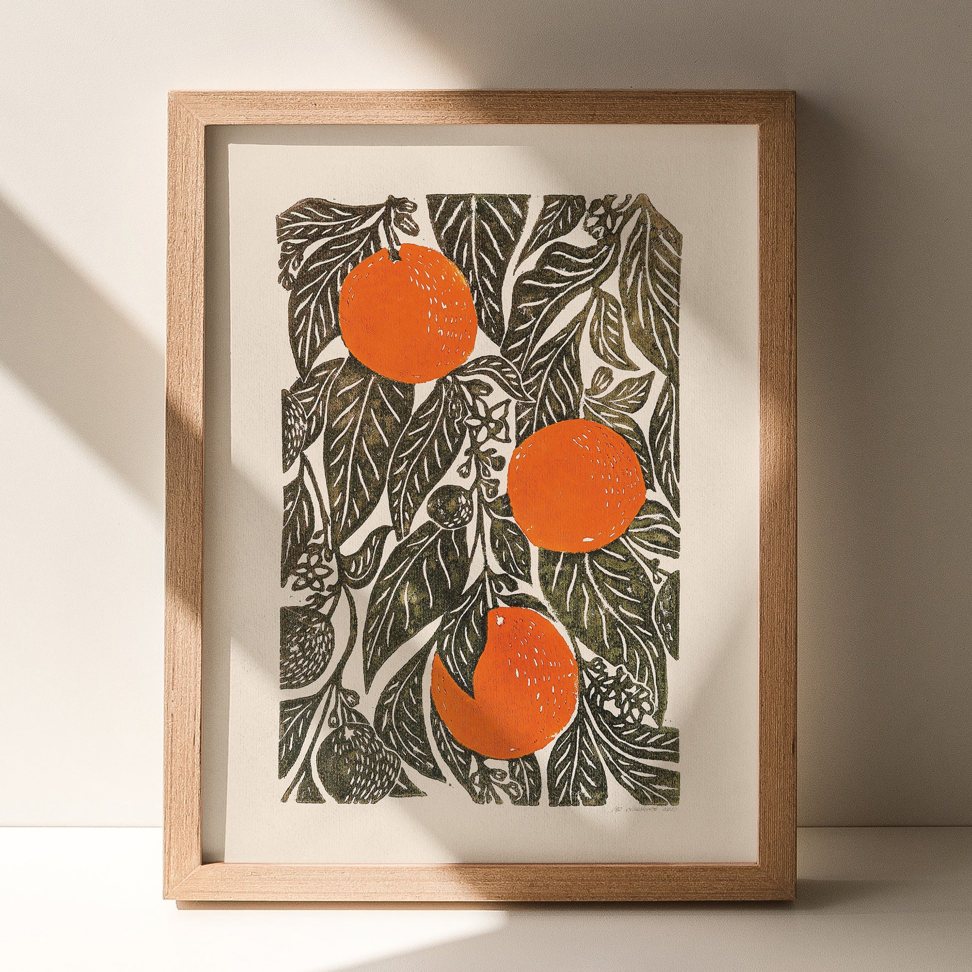 Sage green beige retro cottagecore oranges citrus fruit large linocut print vintage kitchen dining room botanical lino original artwork Farmhouse wall art english cottage rustic linogravure relief handprint quiet luxury reading nook decor hostess present botanical printmaking housewarming grandmother wife daughter big sister girlfriend handmade home mothers mom mother female daughter godmother aunt unique of you long distance heirloom new home aesthetic farm hallway staircase antique etching