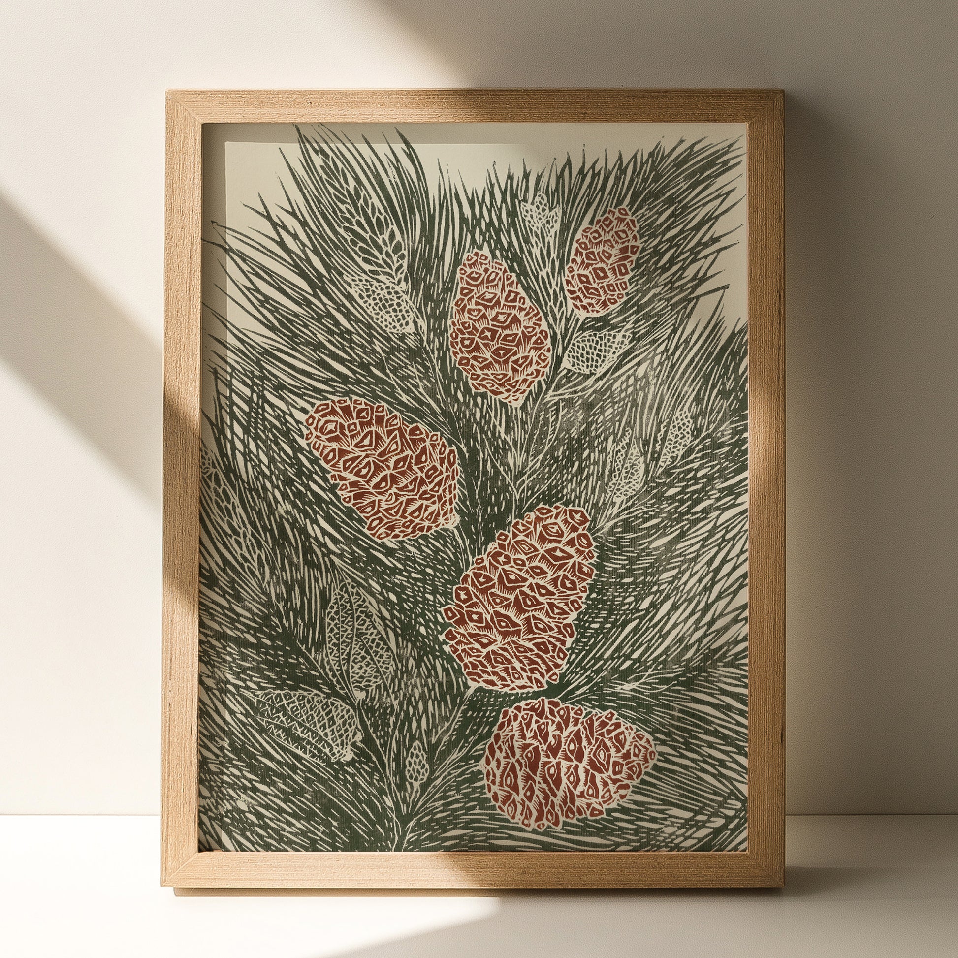 retro cottagecore vintage pine autumn wall art sage green color large linocut print original artwork nature lover gift foraged pinecones bedroom decor christmas present self linogravure rustic lino botanical relief block modern kitchen hallway living room sister grandmother new home hostess one of a kind office farmhouse thank you printmaking handprinted farm mom mother new apartment godmother wife woman handmade dining Her Thankful Gratitude Entryway Dorm Earth Tones coworker
