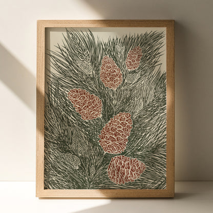 retro cottagecore vintage pine autumn wall art sage green color large linocut print original artwork nature lover gift foraged pinecones bedroom decor christmas present self linogravure rustic lino botanical relief block modern kitchen hallway living room sister grandmother new home hostess one of a kind office farmhouse thank you printmaking handprinted farm mom mother new apartment godmother wife woman handmade dining Her Thankful Gratitude Entryway Dorm Earth Tones coworker