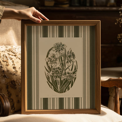 Retro Cottagecore Sage Green Daffodil Flowers Linocut Prints Floral Striped Printable Wall Grand Millennial Art Bedroom Decor Digital Poster 
female, engraving, etching, woodcut style, hand printed, traditional printmaking, Engraving, ACADEMIC / INTELLECTUAL AESTHETICS, light academia, classical, literary, vintage book illustration, moody, quiet luxury art, soft neutral, slow living wall decor, romantic, foraged wall art, wife present, Floral wall art