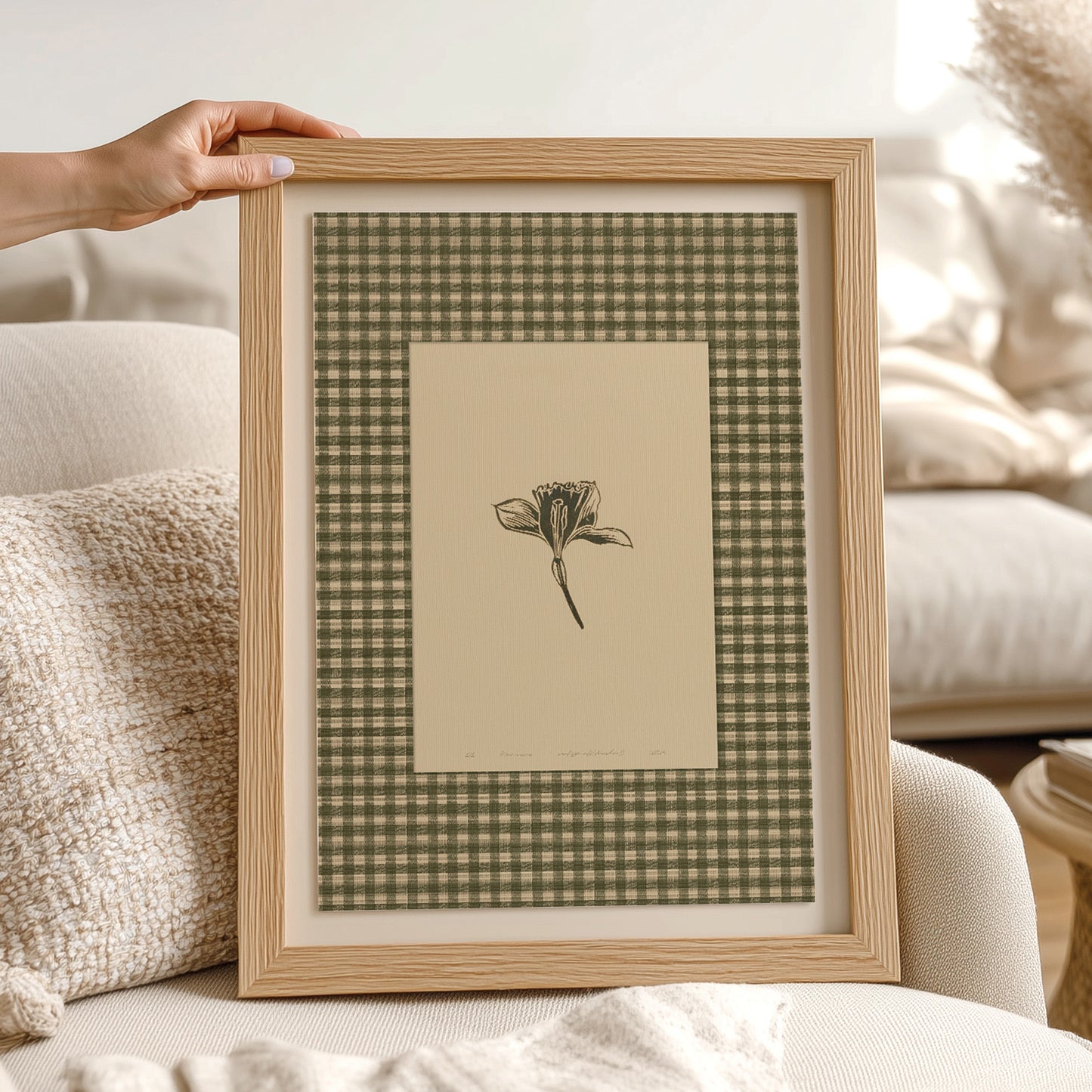 Printable Sage Green Gingham Daffodil Flower Linocut Prints Retro Cottagecore Chateaucore Checkered Wall Art Study Room Decor Digital Poster
 godmother gift, neutral art, Whimsical, printable wall art, girlfriend gift, gift for the home, coquette room decor, gift for best friend female, engraving, etching, woodcut style, hand printed, traditional printmaking, Engraving, ACADEMIC / INTELLECTUAL AESTHETICS, light academia, classical, literary, vintage book illustration