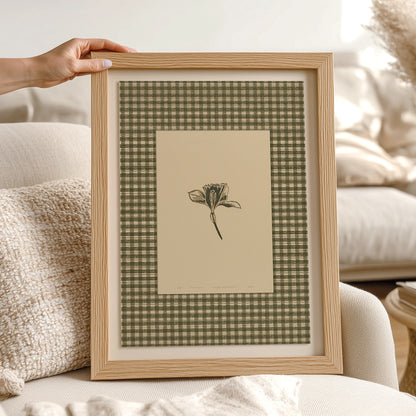 Printable Sage Green Gingham Daffodil Flower Linocut Prints Retro Cottagecore Chateaucore Checkered Wall Art Study Room Decor Digital Poster
 godmother gift, neutral art, Whimsical, printable wall art, girlfriend gift, gift for the home, coquette room decor, gift for best friend female, engraving, etching, woodcut style, hand printed, traditional printmaking, Engraving, ACADEMIC / INTELLECTUAL AESTHETICS, light academia, classical, literary, vintage book illustration