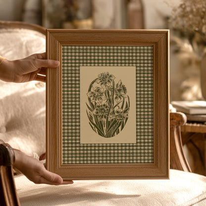 retro cottagecore sage green color gingham wall art daffodil flowers large linocut prints floral lino printable bedroom decor checkered decor digital poster farm reading nook rustic linogravure monochrome grand millennial modern kitchen vintage botanical mom gift living room antique illustration plant lover dining room chateaucore hostess thank you earth tones downloadable instant download home office housewarming laundry farmhouse mother grandmother sister self wife women girlfriend Entryway