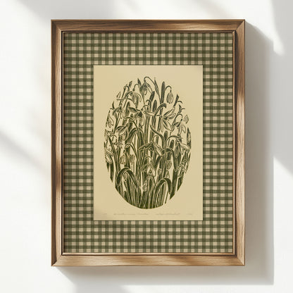 Sage green retro cottagecore gingham snowdrop flowers large linocut prints spring winter foraged printable wall art english cottage checkered decor mom gift ideas digital poster floral lino rustic linogravure farmhouse living room grand millennial botanical monochrome antique illustration plant lover dining chateaucore hostess earth tones downloadable nature bedroom instant download home office housewarming laundry mother grandmother sister self wife women girlfriend Entryway reading nook