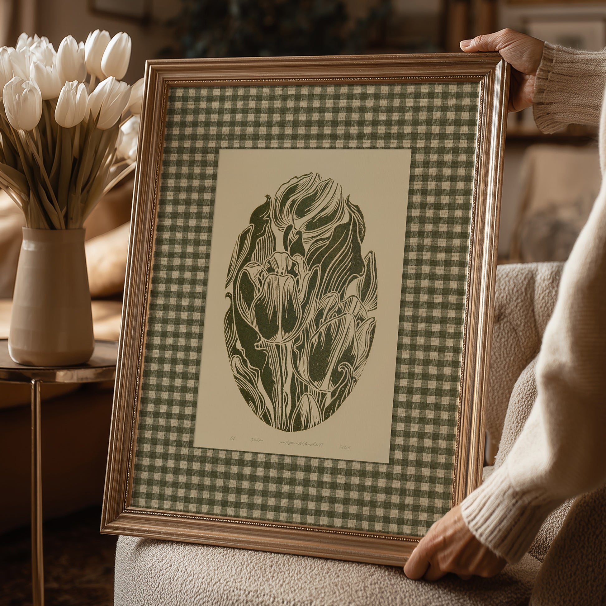 Retro Cottagecore Sage Green Gingham Tulips Flowers Linocut Prints Floral Printable Master Bedroom Wall Art Checkered Decor Digital Poster 
girlfriend gift, gift for the home, coquette room decor, gift for best friend female, engraving, etching, woodcut style, hand printed, traditional printmaking, Engraving, ACADEMIC / INTELLECTUAL AESTHETICS, light academia, classical, literary vintage book illustration, moody, quiet luxury art, soft neutral, slow living 