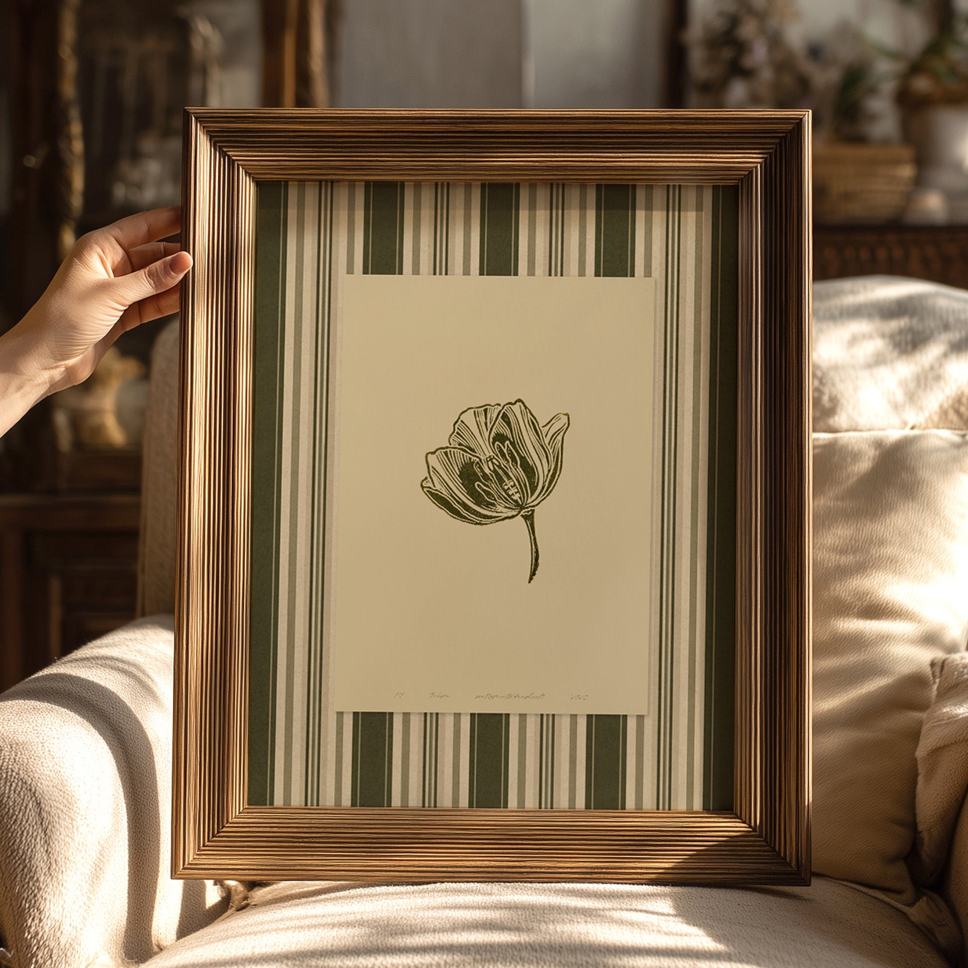 Beige retro cottagecore tulip flower large linocut prints sage green color striped printable wall art living room dining room decor grandmother present self gift digital poster rustic linogravure vintage lino relief texture Monochrome master bedroom home office godmother botanical floral lino earth tone grand millennial hallway mom antique illustration plant lover chateaucore hostess downloadable nature instant download housewarming kitchen laundry farmhouse mother sister wife women girlfriend