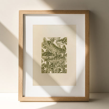 Beige retro cottagecore fly agaric mushroom linocut print sage green color toadstool mushroom relief monoprint original artwork whimsical wall art rustic linogravure forestcore lino
wall hanging, unique wall art, trendy, thank you gift, boss, breakfast nook, teacher appreciation gift, Summer, Spring wall art, herb botanical, english country cottage, pantry wall, european countryside, poetic, slow living, eastern european, sister in law gift, self gift, rustic wall art, retirement, yoga space, cozy corner