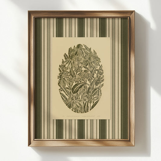Beige retro cottagecore sage green color warm earth tones echinacea purpurea flowers lino large linocut striped art prints printable wall art self gift digital poster grand millennial reading nook decor laundry room bedroom rustic home office vintage botanical floral mother gift ideas nature lover Monochrome godmother hallway mom living antique illustration plant dining chateaucore hostess downloadable instant download housewarming kitchen farmhouse sister self wife women girlfriend reading nook