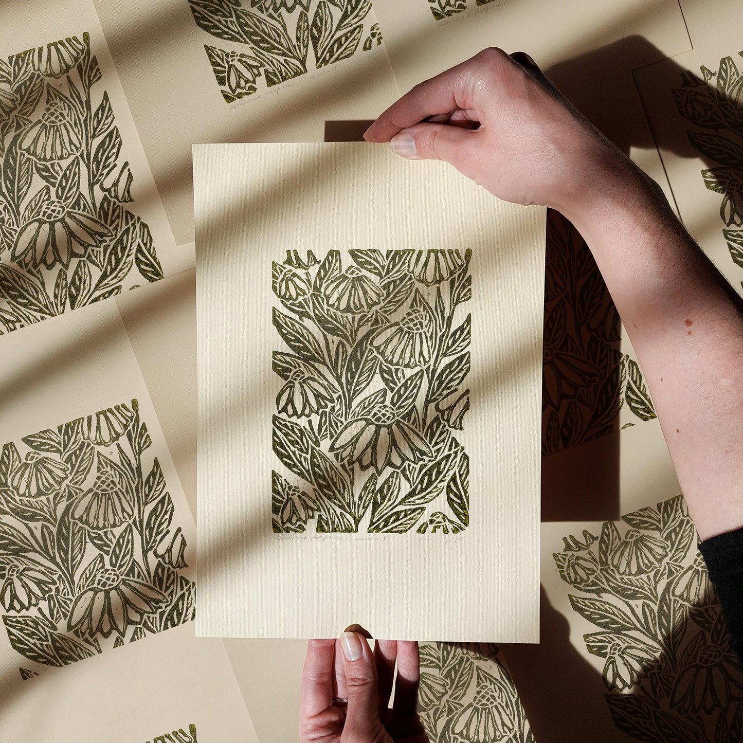 Beige coneflower art retro cottagecore echinacea flowers linocut print sage green color floral lino original artwork vintage linogravure above bed reading nook grandmother gift self nature present relief handprint staircase wall decor home office hostess monoprint farmhouse kitchen block bedroom sister botanical hallway printmaking farm sister mom mother new apartment godmother wife woman handmade dining Gratitude Entryway Earth Tones housewarming staircase living room bathroom powder quest room