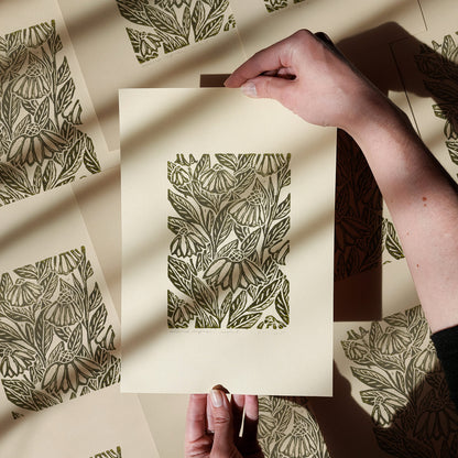 Beige coneflower art retro cottagecore echinacea flowers linocut print sage green color floral lino original artwork vintage linogravure above bed reading nook grandmother gift self nature present relief handprint staircase wall decor home office hostess monoprint farmhouse kitchen block bedroom sister botanical hallway printmaking farm sister mom mother new apartment godmother wife woman handmade dining Gratitude Entryway Earth Tones housewarming staircase living room bathroom powder quest room