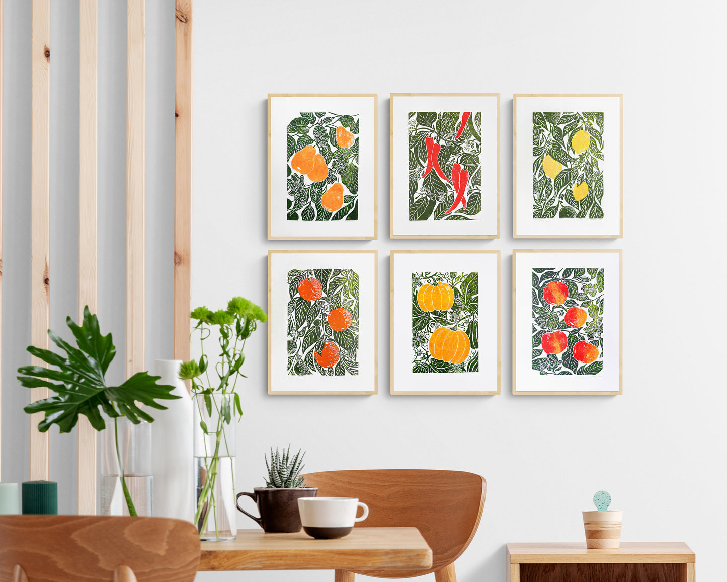 Set of 6 linocut prints with fruits for kitchen gallery wall