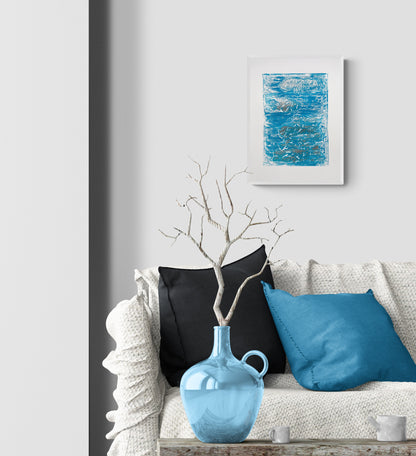 Silver and blue abstract relief Monotype print №4 for New home gift UNFRAMED  Housewarming gift, modern Living room or bedroom decor Original artwork Classical wall decor