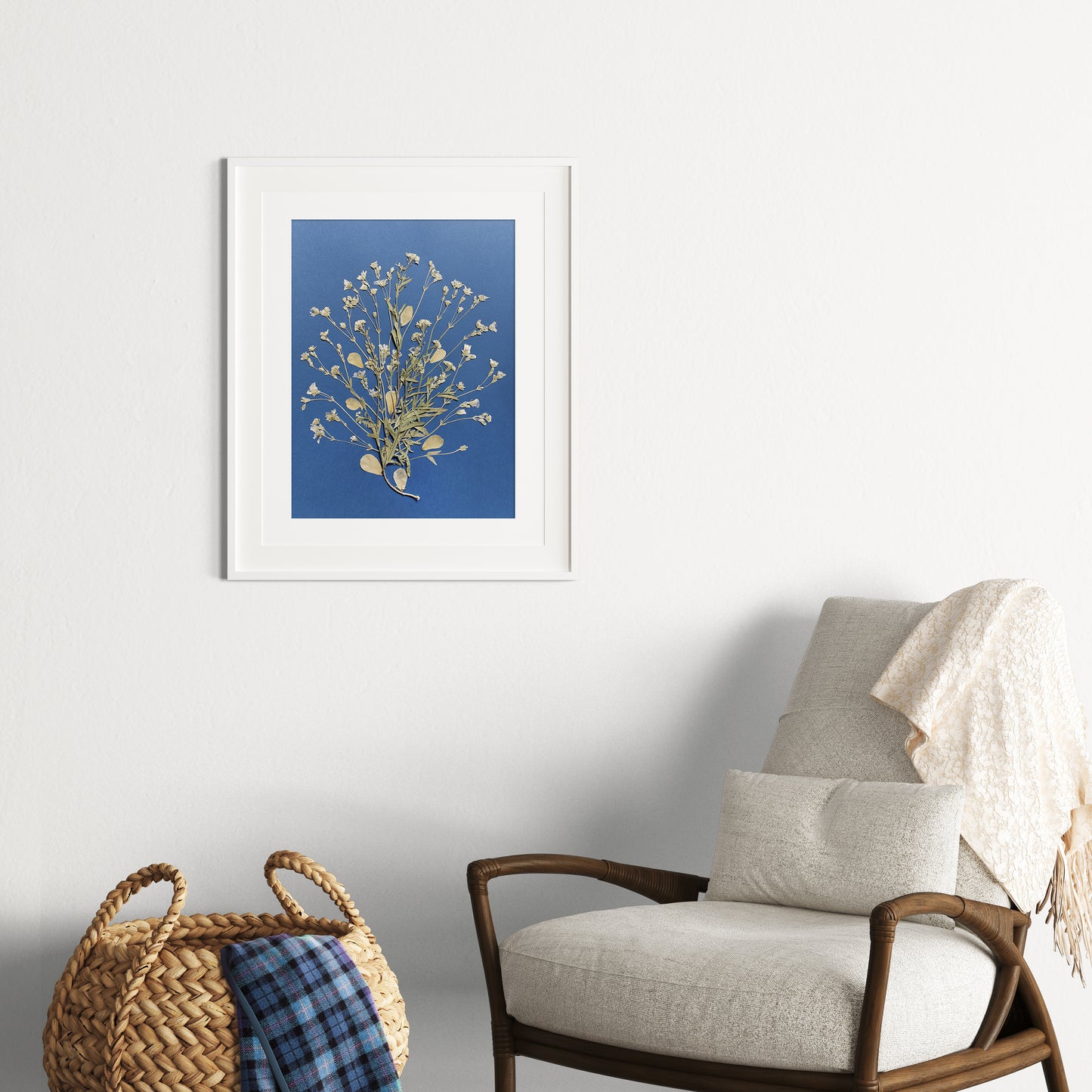 Blue artwork with wildflowers and green plant for living room or bedroom wall art UNFRAMED for nature lover gift