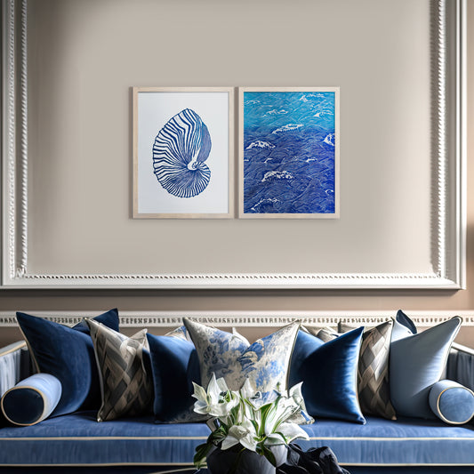 Gallery wall set of 2 Blue sea shell and ocean waves wall art Linocut print UNFRAMED / costal art / hampton style / nautical wall art / lino print / linogravure / original artwork for bedroom / bathroom / living room