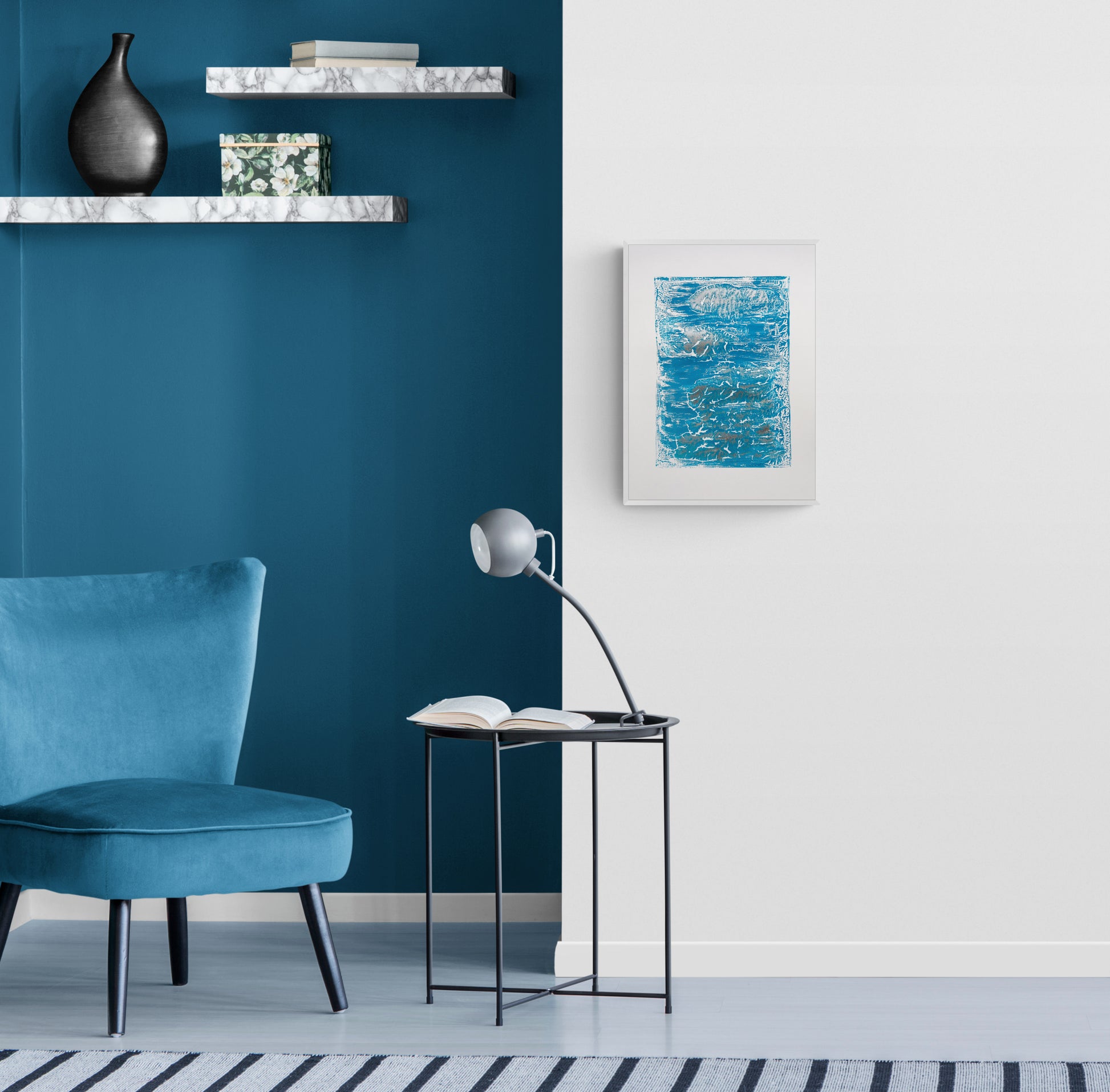 Silver and blue abstract relief Monotype print №4 for New home gift UNFRAMED  Housewarming gift, modern Living room or bedroom decor Original artwork Classical wall decor
