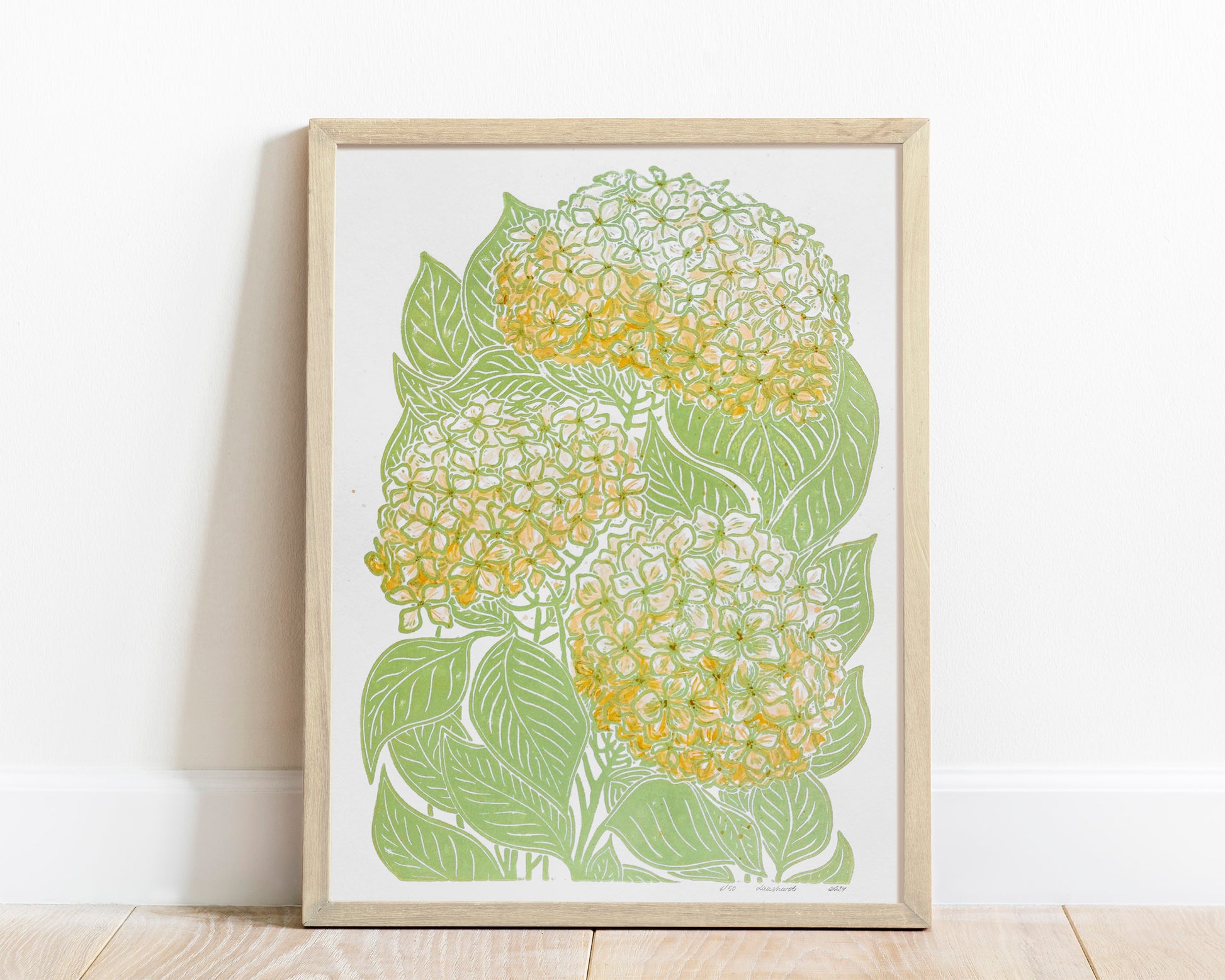 Summer wall art Watercolor hydrangea Yellow green flower and plant Linocut print 12x16 Botanical decor Original artwork Housewarming gift