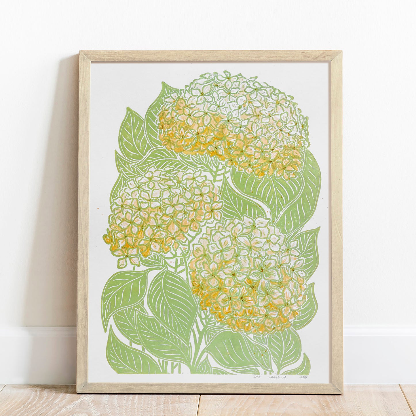 Lime cream green and yellow watercolor hydrangea flowers Linocut print new apartment housewarming gift, new apartment gift, nature wall art, Nature original art, nature lover gift, mothers day gift ideas, mothers day gift from daughter, mothers day gift, mother in law gift, mom birthday gift, Modern kitchen art, long distance gift, living room wall art minimalist, Living room wall art, laundry room decor, kitchen wall art