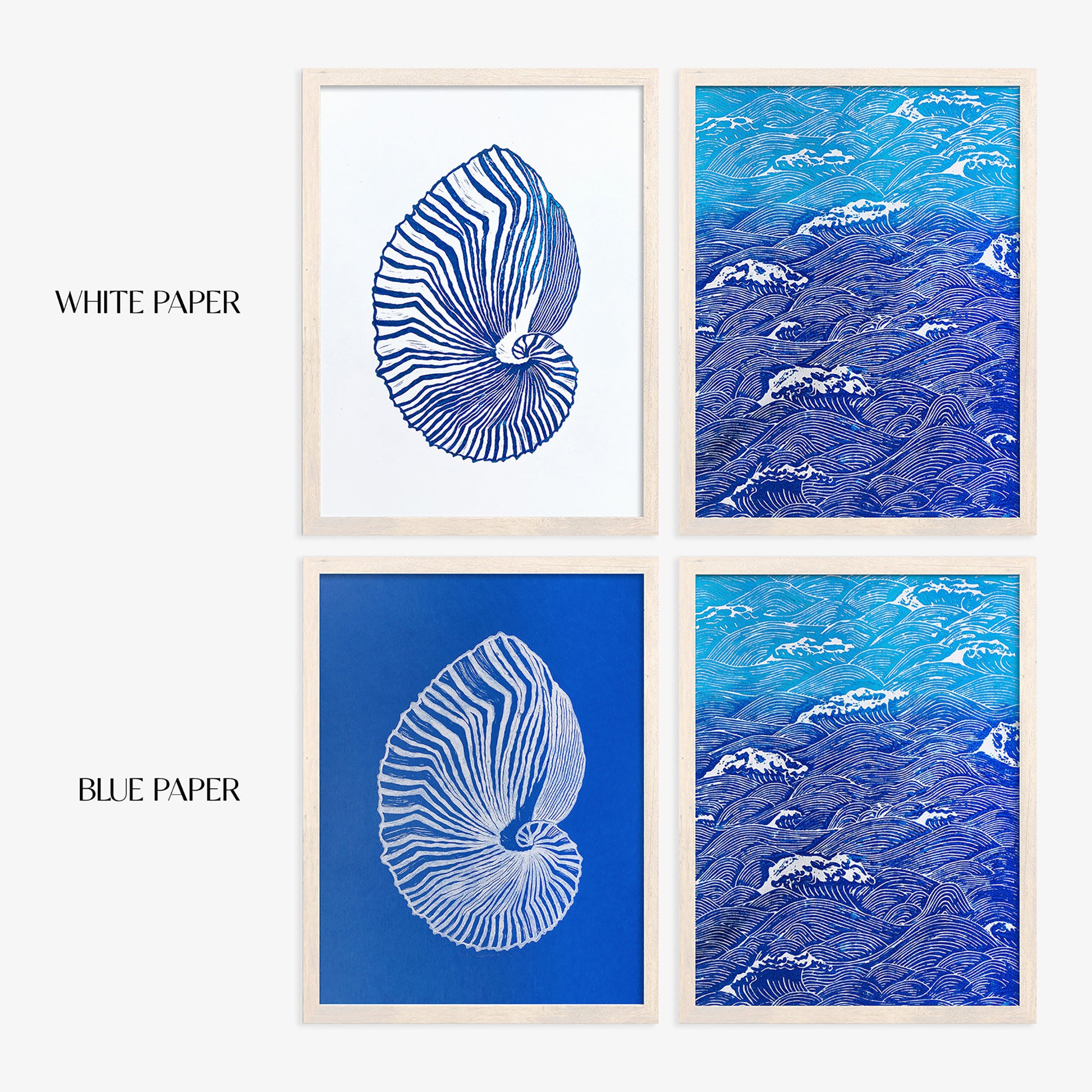 abstract sea shell japanese waves linocut print gallery wall set of 2 artworks maritime living art coastal minimalist mindfulness decor new year gift ideas lino printmaking linogravure beach house hampton summer original artwork 