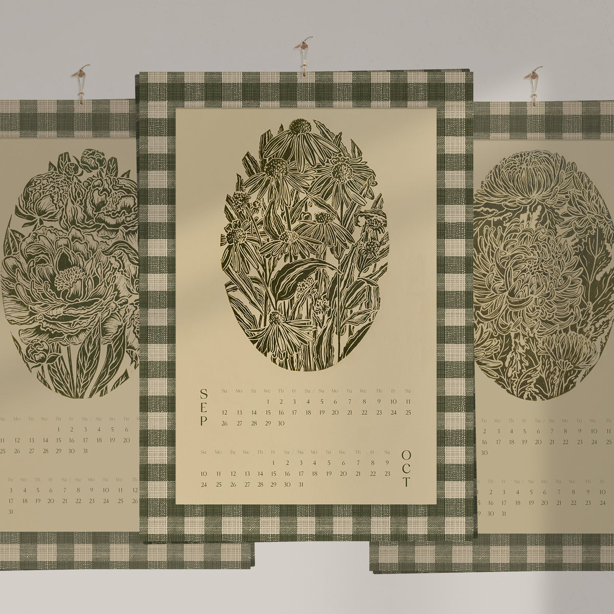 trendy sage green printable checkered botanical linocut flowers gingham wall art farmhouse decor home workspace new year gift INSTANT DOWNLOAD 2027 wall calendar chrysanthemum iris echinacea peonies retro kitchen art cottagecore tulip chateaucore decor powder room digital floral lino rustic linogravure instant download monoprints grand millennial mom gift illustration dining room hostess earth tones nature bedroom housewarming mother grandmother sister self wife women girlfriend reading nook