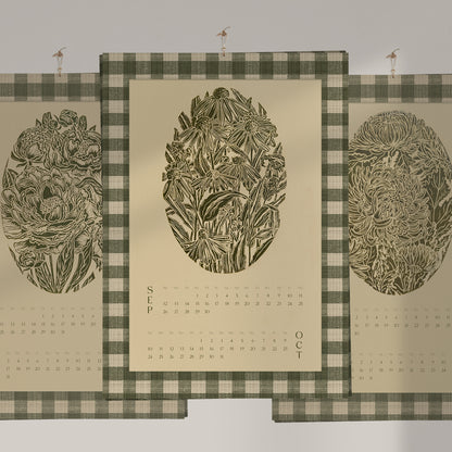 trendy sage green printable checkered botanical linocut flowers gingham wall art farmhouse decor home workspace new year gift INSTANT DOWNLOAD 2027 wall calendar chrysanthemum iris echinacea peonies retro kitchen art cottagecore tulip chateaucore decor powder room digital floral lino rustic linogravure instant download monoprints grand millennial mom gift illustration dining room hostess earth tones nature bedroom housewarming mother grandmother sister self wife women girlfriend reading nook