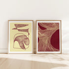 Gallery wall set of 2 trendy 2026 color palette butter yellow and burgundy abstract nature women lines digital poster N3