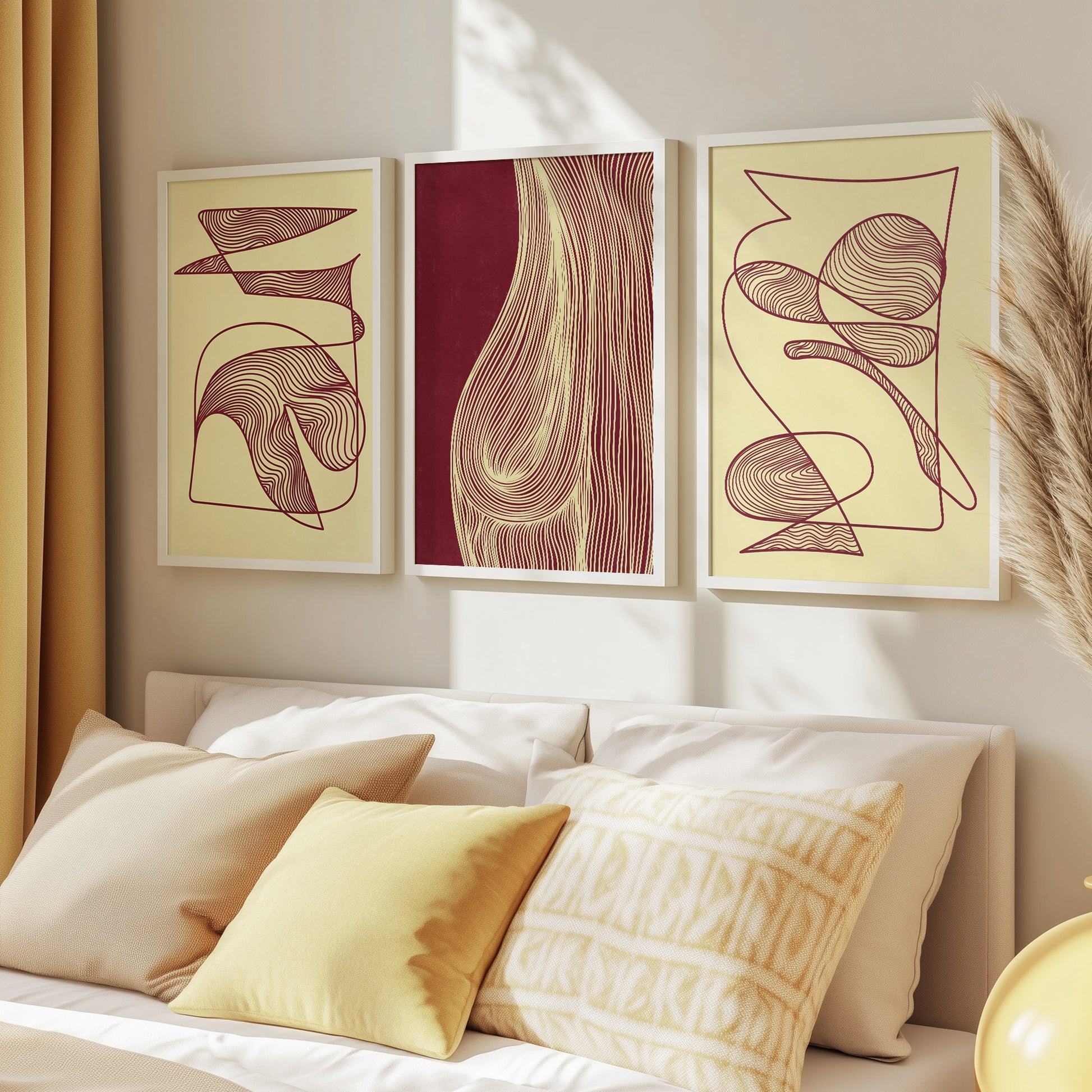 trendy 2026 palette gallery wall set butter yellow color burgundy red cherry relaxing abstract contemporary lines set of 3 piace printable wall art primary bedroom spa bathroom decor nordic scandinavian aesthetic prints digital poster mid century modern powder room above bed she shed gifts meditation texture minimalist reading nook apartment downloadable yoga studio instant download laundry wellness home therapist office geometric living entryway hallway her sister mom mother mindfulness