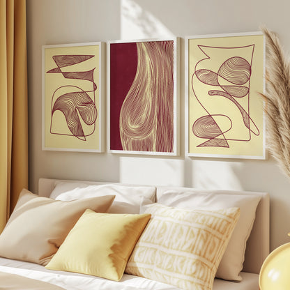 trendy 2026 palette gallery wall set butter yellow color burgundy red cherry relaxing abstract contemporary lines set of 3 piace printable wall art primary bedroom spa bathroom decor nordic scandinavian aesthetic prints digital poster mid century modern powder room above bed she shed gifts meditation texture minimalist reading nook apartment downloadable yoga studio instant download laundry wellness home therapist office geometric living entryway hallway her sister mom mother mindfulness