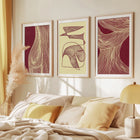 Gallery wall set of 3 trendy 2026 color palette burgundy and butter yellow abstract lines woman digital poster N7