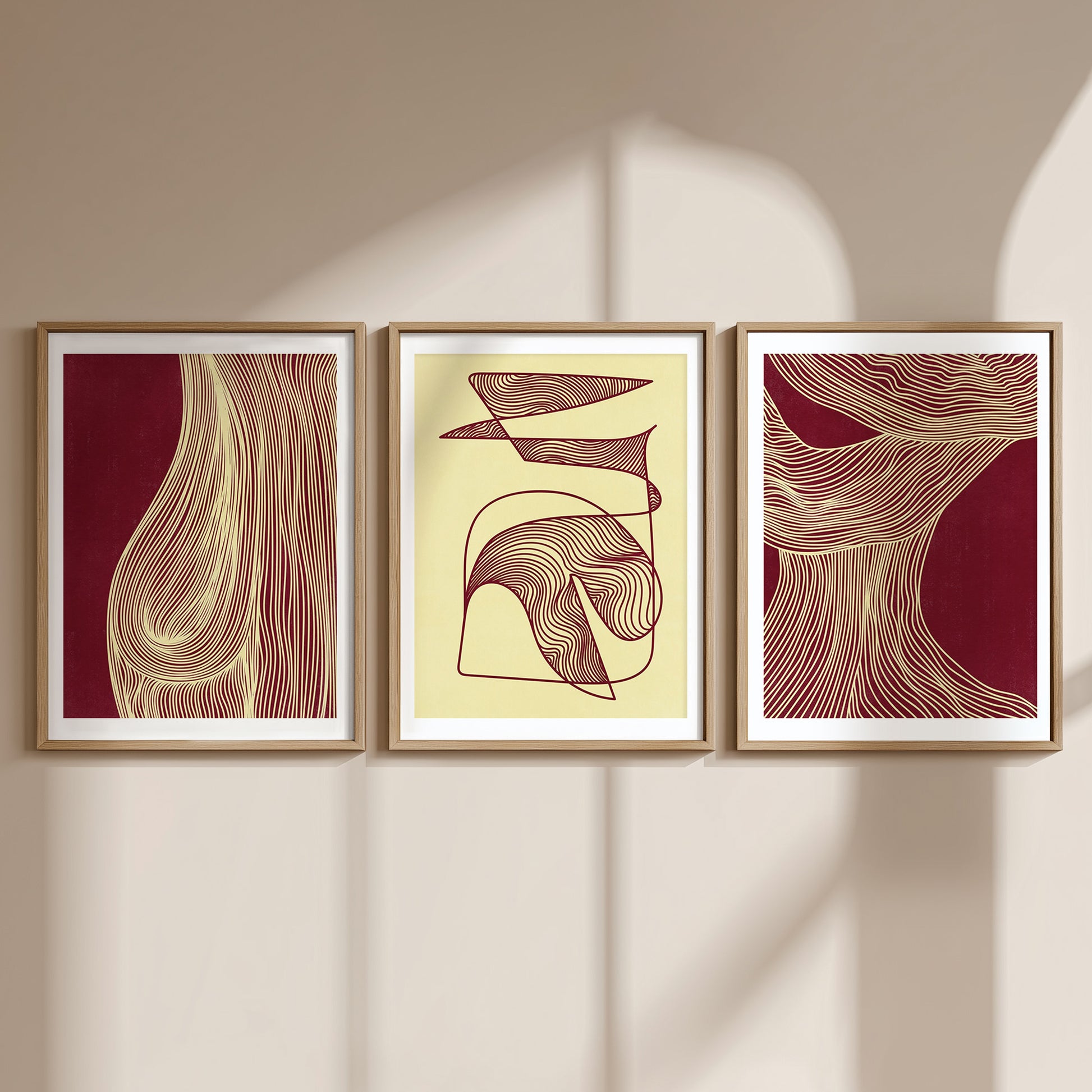 trendy 2026 palette gallery wall set soft nature woman relaxing abstract contemporary lines set of 3 peice butter yellow color burgundy red cherry printable wall art living room home office decor aesthetic prints digital poster minimalist
 creative workspace bedroom modern kitchen dining room bathroom plant baby shower godparent godfather gift mother in law daughter in law gift sister in law niece gift from aunt easter law school graduation gift nature lover gift thank you heirloom gift living room