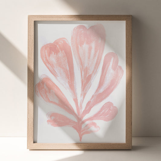 Pink trendy monoprint nordic scandinavian abstract heart plant relief handprint large monotype print quiet luxury original artwork one of a kind spring t glamoratti wall art primary bedroom elegant botanical neutral hampton living rustic new home gift printmaking modern unique eclectic mid century modern aesthetic girly acrylic pastel wall hanging nature kitchen dining room preppy dorm laundry entryway home office self handmade housewarming staircase wilderkind romantic engraving etching style