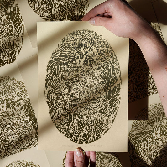 vintage chrysanthemum flower linocut print floral lino original artwork nature lover living room wall art reading nook decor godmother present new year gift retro cottagecore self master bedroom chateaucore hostess thank you new apartment for professor home office workspace handmade educational sage green beige farm dining entryway kitchen dorm hallway heilroom mom mother wife woman sister girlfriend grandmother apartment thoughtful Handprinted Gratitude relief printmaking block monoprint