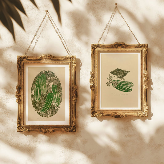 Sage green vintage cottagecore cucumber vegetable gallery wall set of 2 pieces linocut print retro kitchen dining room original artwork farmhouse wall decor hostess thank you gift rustic linogravure relief lino pantry botanical printmaking fall beige garden harvest cook mom present nature farm heirloom home self thoughtful summer plant lover grandmother housewarming wife girlfriend sister godmother block hallway entryway handmade unique Xmas dopamine new beginnings gift staircase nature