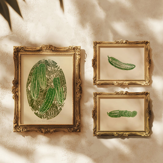 Sage green vintage cottagecore cucumber vegetable gallery wall set of 3 pieces linocut print farm kitchen art dining room decor original artwork botanical lino grandmother christmas gift ideas rustic linogravure relief printmaking dining room nana gift pantry breakfast nook handprint botanical nature lover gift hostess block unique ideas plant eclectic moody hanging dorm above bed entryway home office new housewarming staircase hallway coffee corner beginnings gift xmas christmas gift