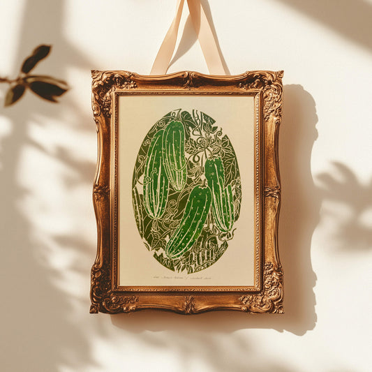 vintage cottagecore cucumber vegetable linocut print retro kitchen pantry wall art dining room decor botanical lino original artwork hostess thank you gift rustic linogravure relief printmaking fall gift her sage green beige garden harvest cook mom present nature linogravure farm heirloom home self thoughtful summer plant lover grandmother housewarming relief wife girlfriend sister godmother printmaking block hallway entryway handmade unique Xmas dopamine new beginnings gift staircase farm