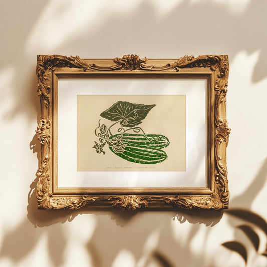Sage green vintage cottagecore cucumber vegetable linocut print retro kitchen dining room decor botanical lino print garden harvest pantry wall art original artwork grateful sign mom gift ideas rustic linogravure thoughtful teacher hostess thank you gift relief printmaking fall gift her beige garden harvest cook mom present nature farm home self summer grandmother housewarming wife girlfriend sister godmother printmaking block entryway unique Xmas dopamine new beginnings gift staircase farm