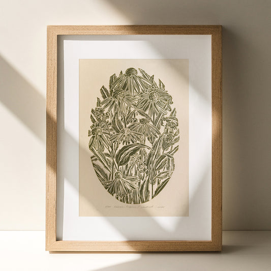 sage green color vintage flower echinacea purpurea rustic linocut print floral lino oval plant flowers serene nature original artwork primary bedroom european countryside relief handprint maximalist wall art wilderking beige botanical home office reading nook farm ideas chateaucore hallway block farmhouse living room hostess new apartment professor workspace dining entryway kitchen dorm mom wife woman sister girlfriend godmother Present Gratitude family craft foyer laundry mudroom cottagecore
