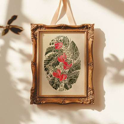 vintage fruits strawberries print linocut print modern kitchen art botanical wall original artwork rustic  berries lino print dining room decor farmhouse 
hostess gift linogravure block relief printmaking hand carved handprint unique gift ideas floral plant cottagecore cottage core dopamine retro eclectic aesthetic chic moody princess girly sage green hanging farm chateaucore spring bedroom living room coquette room dorm laundry above bed shelf entryway decordried home office new housewarming