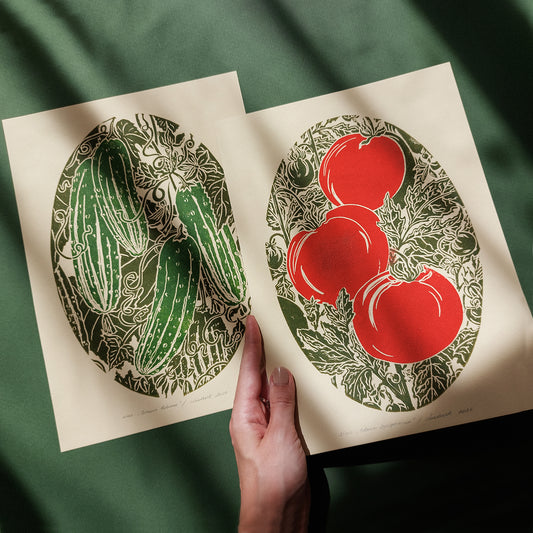 Red sage green vintage cottagecore tomato cucumber gallery wall set of 2 pieces linocut print botanical lino retro kitchen pantry original artwork wife christmas rustic linogravure farmhouse wall decor new homeowner gift dining room breakfast nook thoughtful mom gift hostess thank you gift relief printmaking fall her garden harvest cook mom present nature farm heirloom home self plant grandmother housewarming wife girlfriend sister godmother hallway entryway unique Xmas new beginnings staircase