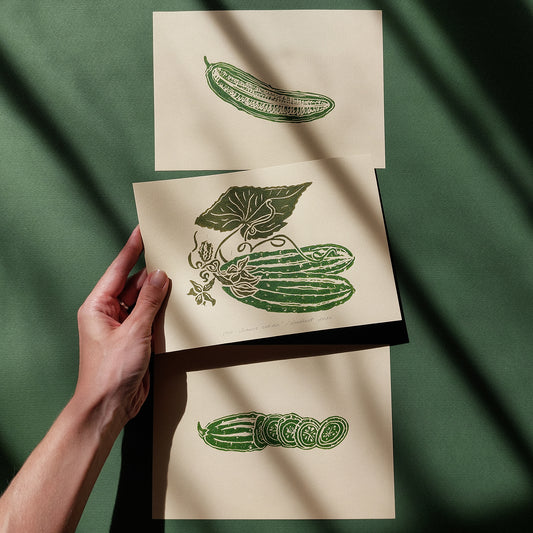 sage green vintage cottagecore cucumber vegetable linocut print gallery wall set of 3 pieces botanical original artwork modern kitchen art pantry wall decor daughter christmas gift ideas lino rustic linogravure nature minimalist self gift block cottage core block relief printmaking hand carved unique moody house warming above bed farmhouse summer aesthetic eat breakfast nook coffee corner decor staircase hallway above dining table