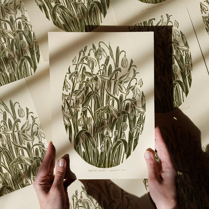 Sage green beige vintage flower art snowdrops flowers rustic linocut print floral lino winter botanical original artwork reading nook decor farm retro primary bedroom european countryside mother gift ideas relief handprint nature linogravure chateaucore hallway block farmhouse living room hostess new apartment for professor home office workspace handmade educational dining entryway kitchen dorm mom wife woman sister girlfriend godmother Present Gratitude family craft room foyer laundry mudroom