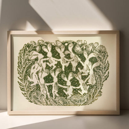 Beige retro whimsical sage green color dancing rabbits art large linocut print floral lino botanical wall kids reading nook forestcore foraged wildflower study room decor rustic linogravure toddler room art relief printmaking original artwork bedroom new home gift mindful living block handprint decoration unique dopamine eclectic above bed apartment housewarming dining room dorm entryway laundry office hostess mom mother staircase playroom hallway nature lover gift foyer treat yourself