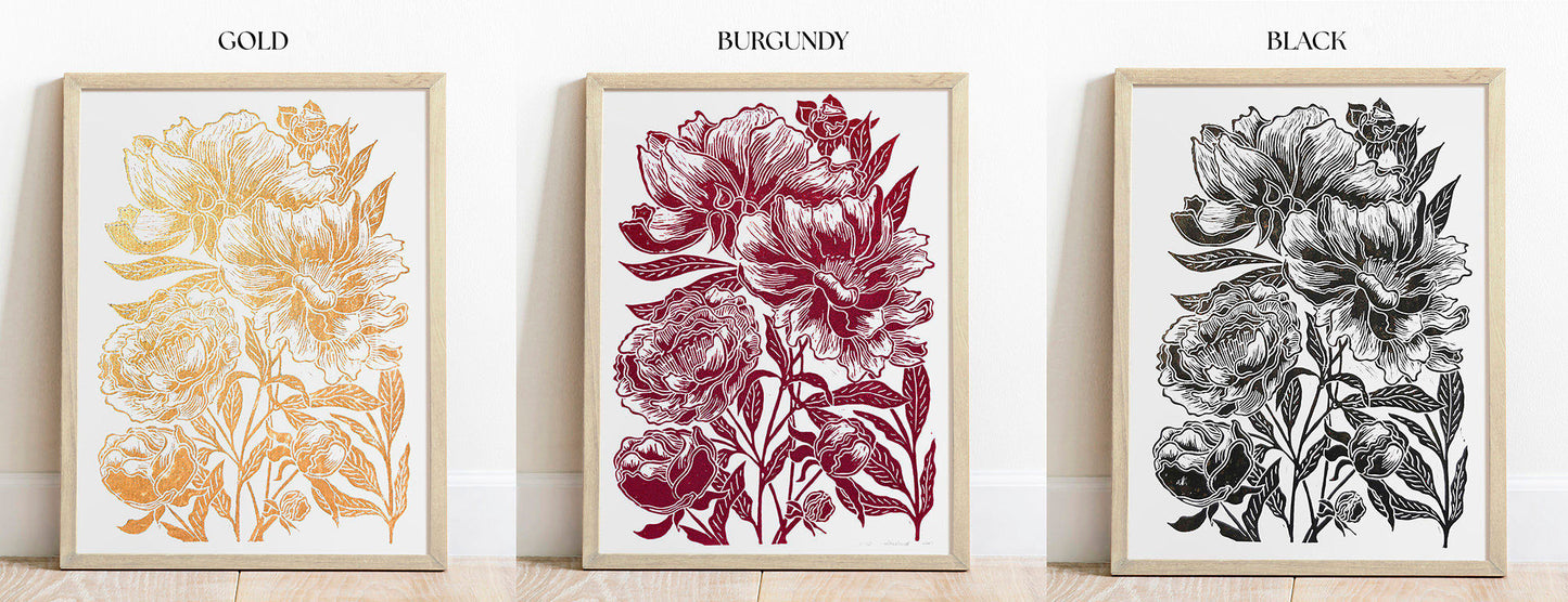 Gold peony flowers Linocut print