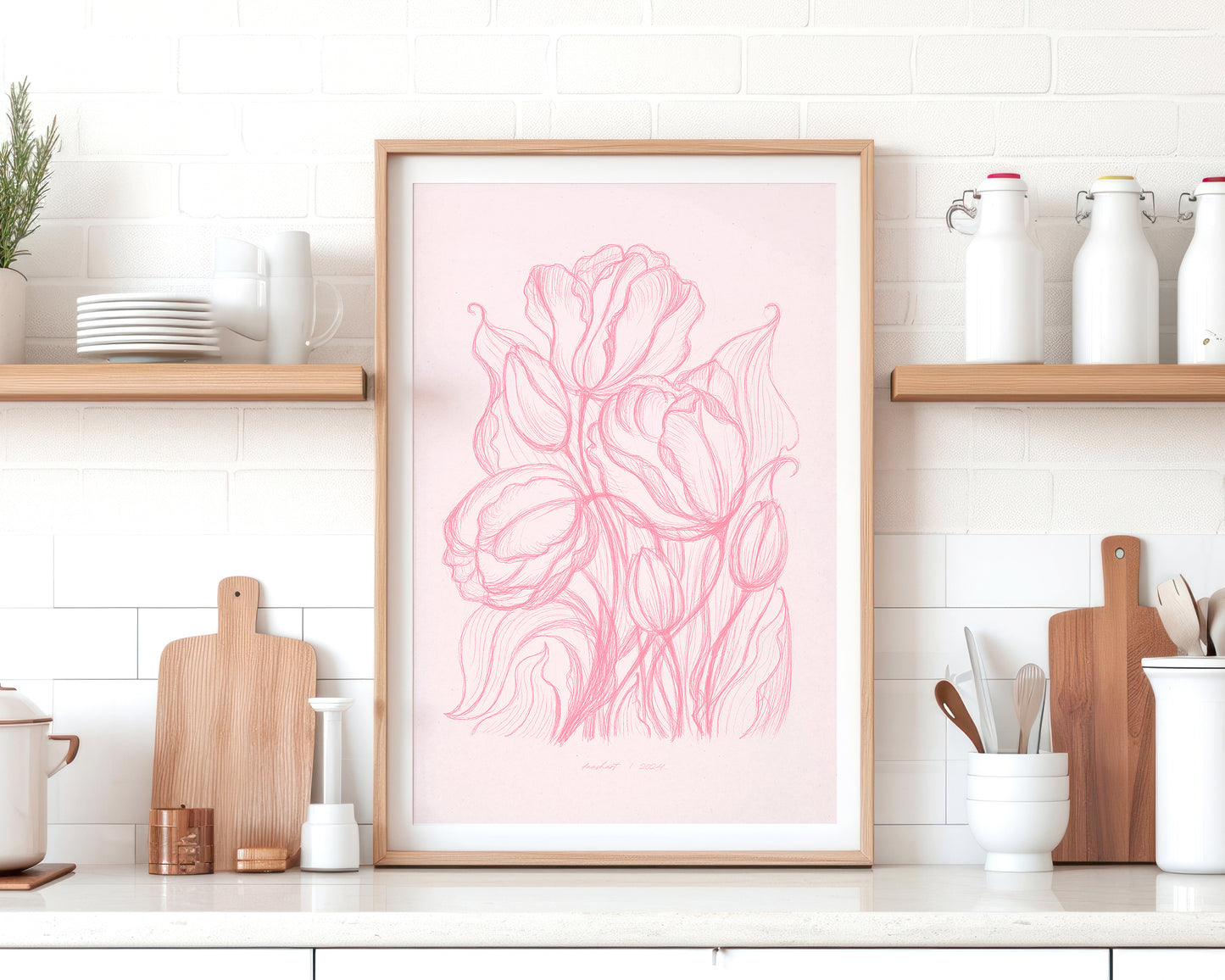 Spring trendy pink wall art Hand drawn tulips flower sketch Line floral large botanical poster Printable neutral prints Bedroom living room decor digital instant download