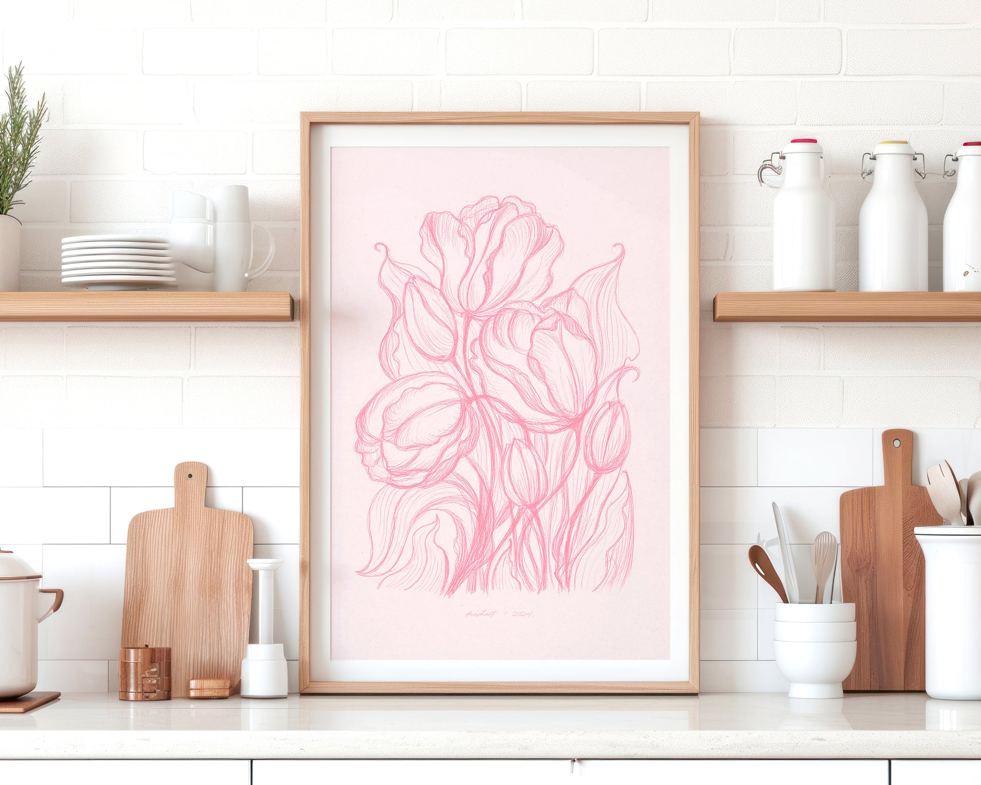 Spring trendy pink wall art Hand drawn tulips flower sketch Line floral large botanical poster Printable neutral prints Bedroom living room decor digital instant download