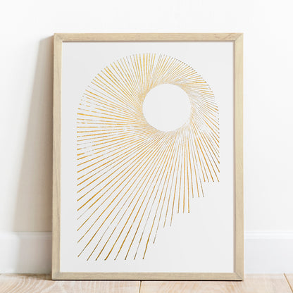 Abstract white and gold sun lines arch Linocut print Wall hanging decor lino print, linogravure. printmaking, relief print, block print wall hanging, unique wall art, trendy wall art, thank you gift boss, teacher appreciation gift, autumn wall art, sister in law gift, shelf decor, self gift, retirement gift, realtor closing gift, original artwork, one of a kind, nurse gift, niece gift from aunt, new mom gift, new job gift, New home gift, new grandma gift, new apartment housewarming gift, new apartment gift,