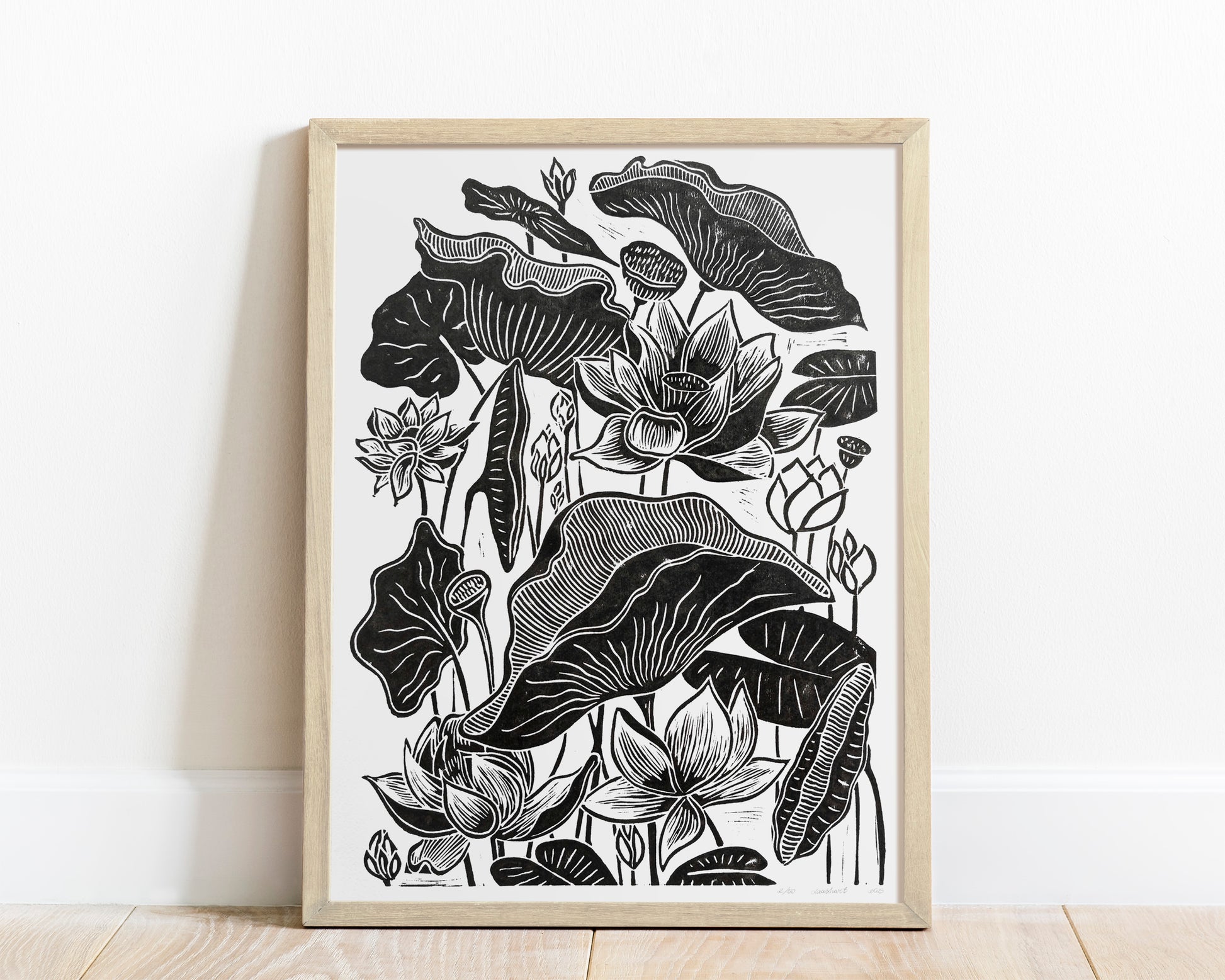 Green lotus flower Linocut print for Nature lover gift UNFRAMED