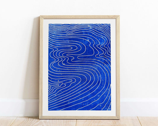 Abstract blue japanese water Linocut print for Nature lover gift UNFRAMED Housewarming gift New home gift Living room or bedroom decor 16x12 Original artwork Classical wall decor