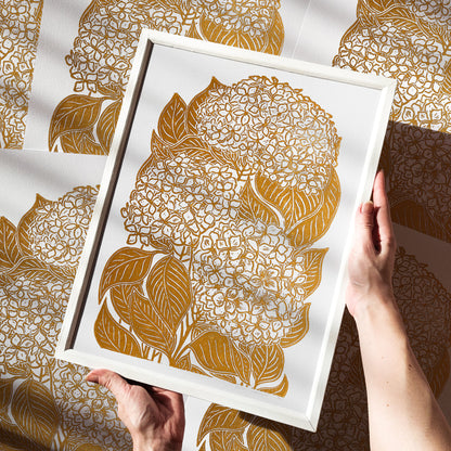 ochre retro cottagecore hydrangea flowers large linocut print sage green color floral lino original artwork hallway decor modern kitchen autumn wall art grandmother gift vintage botanical linogravure relief block rustic fall new home thanksgiving table hostess one of a kind office nature lover farmhouse thank you bedroom printmaking handprinted farm self sister mom mother hostess new apartment godmother wife woman living room kitchen handmade dining for Her Thankful Gratitude Entryway Dorm Earth Tones